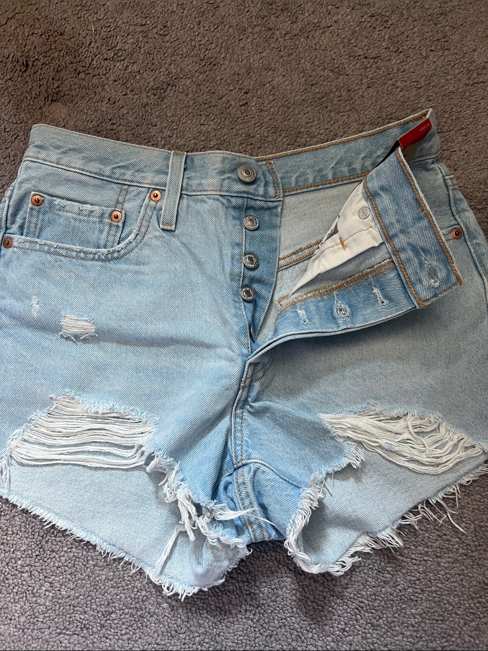 Levi's 501 Light Blue Distressed Denim Cutoff Shorts - Picture 4 of 4